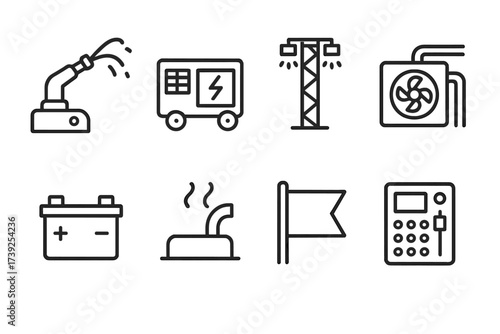 Launch Pad Utility Icons. Outline icon set of launch pad utilities: water cannon, power generator, lighting mast, cooling system, backup battery, smoke