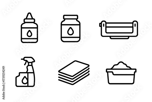 Printer Consumables Icons. Outline icon set of printer consumables: ink bottle, toner powder, drum unit, print ribbon, cleaning kit, refill cartridge, paper
