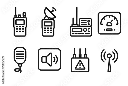 Military Communication Icons. Outline icon set of military communication devices: tactical radio, satellite phone, radio base station, frequency
