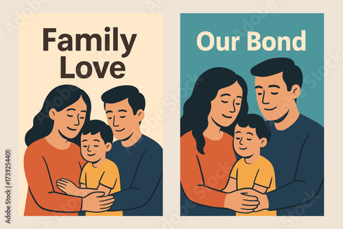 Family Bond Banners. Two vertical A6 banners, flat vector design, beige and turquoise backgrounds, family theme with parents and child, first banner with text