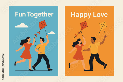 Kite Flying Joy. Two vertical A6 banners, flat vector design, sky blue and orange backgrounds, couple flying kites, joyful relationship, first banner with text