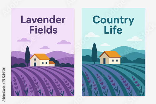Lavender Fields Banners. Two vertical A6 banners, flat vector design, light purple and cyan backgrounds, lavender fields with farmhouse, countryside theme,