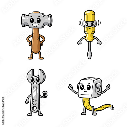 Charming collection of anthropomorphic hand tool mascots for repair and construction