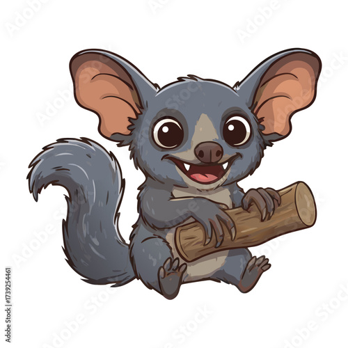 Adorable cartoon possum illustration with a happy smile, sitting and holding a small wooden log