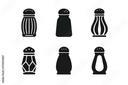 Salt Shaker Logos. Salt shaker. Set Logo of salt shaker: vintage glass shaker. harmonious logo variations of the same emblematic concept, each with different