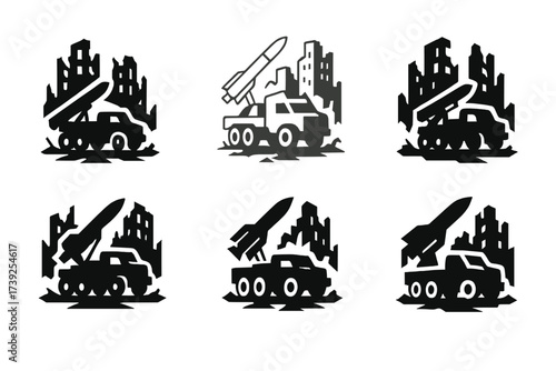 Military Vehicle Logos. Military vehicles driving through a desolate, destroyed city. Set Logo of Military vehicles driving through a desolate, destroyed city:
