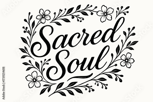 Elegant Calligraphy Art. Sacred Soul, elegant calligraphy lettering, smooth curves, balanced composition, clear readable letters, consistent style, surrounded