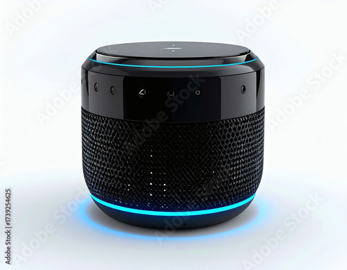 Modern smart speaker with glowing blue ring light on a white background
