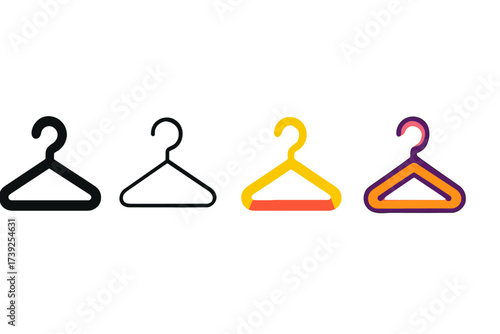 Stylish Clothes Hanger Icons. Vector icon clothes hanger same pose same proportions four styles black solid glyph outline minimal flat multicolor filled