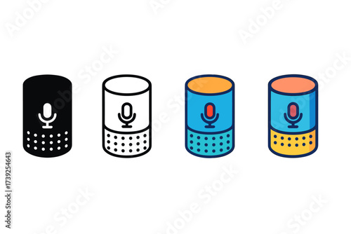 Icon Styles Showcase. Vector icon smart speaker same pose same proportions four styles black solid glyph outline minimal flat multicolor filled cartoon flat