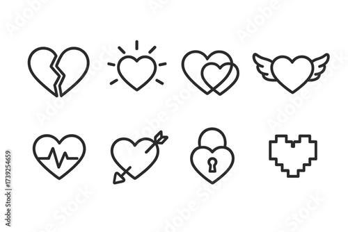 Heart Icon Set. Outline icon set of love hearts variations: broken heart, glowing heart, entwined hearts, heart with wings, heartbeat, heart with arrow, lock