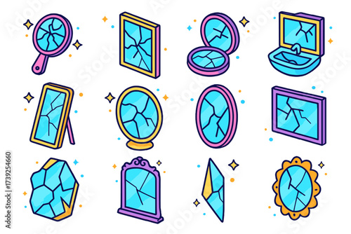 Broken Mirror Icons. Broken mirrors. Colorful isometric vector icons set of broken mirrors: shattered handheld mirror, cracked wall mirror, broken compact