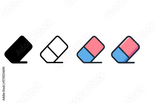 Eraser Icon Styles. Vector icon eraser tool same pose same proportions four styles black solid glyph outline minimal flat multicolor filled cartoon flat