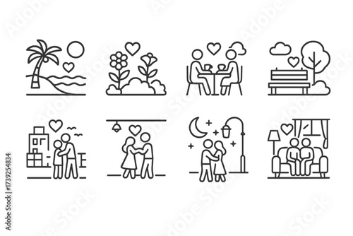 Romantic Icons Collection. Outline icon set of flirt romantic places: beach, garden, cafe, park, rooftop, dance hall, moonlit street, cozy room. Line icons in