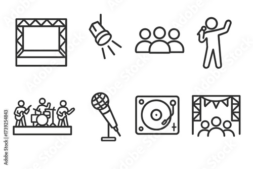 Music Performance Icons. Outline icon set of song performance: stage, spotlight, audience, singer, band, concert microphone, DJ turntable, music festival. Line