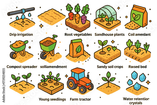 Sandy Soil Agriculture Icons. Agriculture on sandy soil. Colorful isometric vector icons set of agriculture on sandy soil: drip irrigation system, root