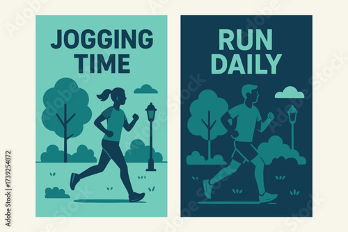 Jogging and Running Banners. Two vertical A6 banners, flat vector design, turquoise and navy backgrounds, park jogging silhouettes, outdoor fitness, first