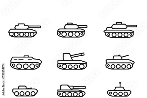 Tank Icons Set. Outline icon set of tank types: battle tank, light tank, heavy tank, amphibious tank, armored personnel carrier, self-propelled gun, tank