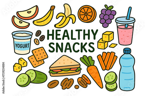 Wholesome Snack Icons. Healthy Snacks. Colorful Hand-drawn doodle Children illustration apple slices, banana, orange, grapes, yogurt cup, nuts, raisins,