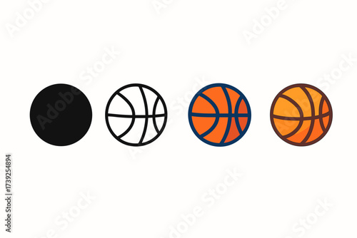 Stylized Basketball Icons. Vector icon basketball ball same pose same proportions four styles black solid glyph outline minimal flat multicolor filled cartoon