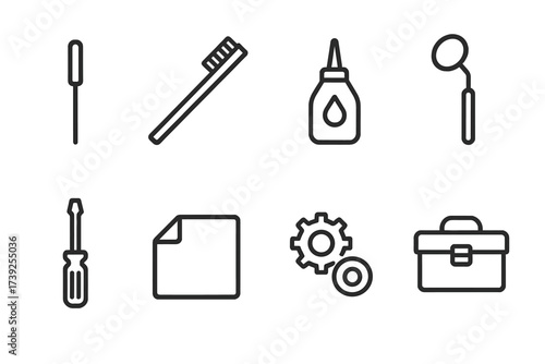 Mortar Maintenance Icons. Outline icon set of mortar maintenance: cleaning rod, brush, lubricant, inspection mirror, screwdriver, cloth, replacement parts,