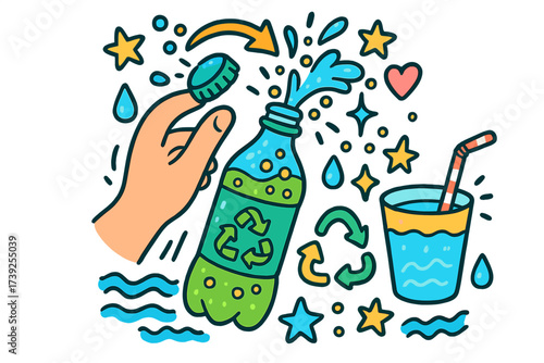 Bottle Opening Doodle. Opening Bottle. Colorful Hand-drawn doodle Children illustration Opening Bottle bottle, cap, twisting arrow, hand, bubbles, splash,