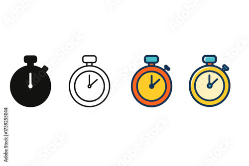 Stylized Clock Icons. Vector icon clock stopwatch same pose same proportions four styles black solid glyph outline minimal flat multicolor filled cartoon flat