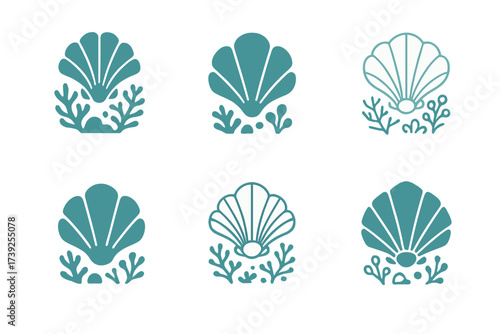Underwater Coral Logos. underwater coral garden. Set Logo of underwater coral garden: seashell. harmonious logo variations of the same emblematic concept, each