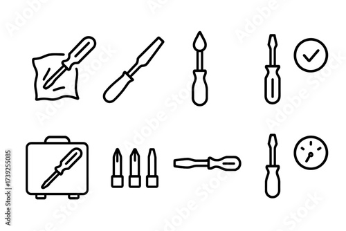 Screwdriver Care Icons. Outline icon set of screwdriver maintenance: cleaning, sharpening tips, lubricating handle, checking wear, storage case, replacement