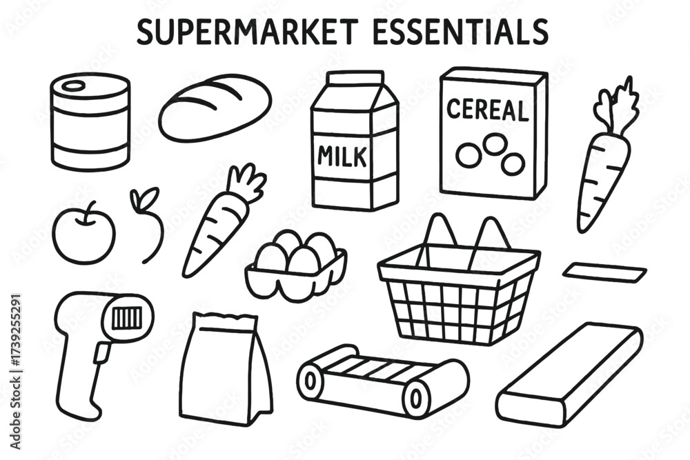 Fototapeta premium Supermarket Doodle Essentials. Supermarket Essentials. Hand-drawn doodle illustration canned goods, bread loaf, milk carton, cereal box, fruit, vegetables,
