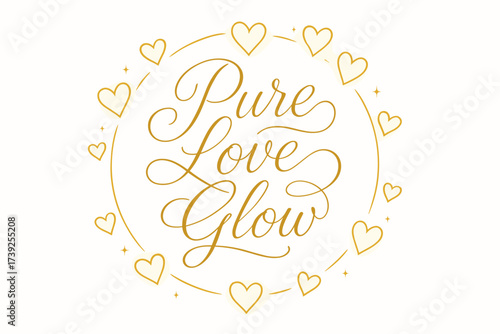 Glowing Heart Calligraphy. Pure Love Glow, thin line calligraphy with luminous romantic details, surrounded by glowing hearts, circular frame composition,