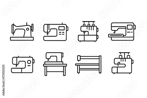 Sewing Machine Icons. Outline icon set of sewing machines: mechanical sewing machine, computerized sewing machine, serger, embroidery machine, portable sewing