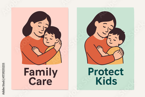 Family and Child Banners. Two vertical A6 banners, flat vector design, pastel pink and mint backgrounds, mother and child illustration, family care theme,