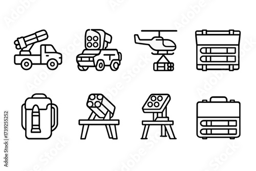 Rocket Launcher Icons. Outline icon set of rocket launcher transport: military truck, armored vehicle, backpack carrier, helicopter sling, storage crate, ammo