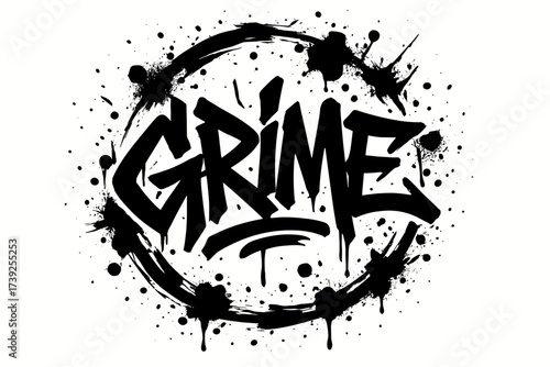 Graffiti Art Vibes. Grime, graffiti lettering, raw edgy strokes, surrounded by paint splashes, circular frame composition, clean white background, vector look,