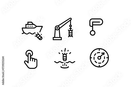 Depth Charge Icon Set. Outline icon set of depth charge deployment: ship deck release, crane arm, loading rack, safety pin, launch button, splash effect,