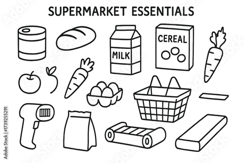 Supermarket Doodle Essentials. Supermarket Essentials. Hand-drawn doodle illustration canned goods, bread loaf, milk carton, cereal box, fruit, vegetables,