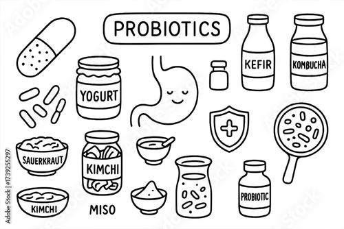 Probiotics Doodle Icons. Probiotics. Hand-drawn doodle illustration probiotics capsule, yogurt jar, kefir bottle, kombucha glass, sauerkraut bowl, kimchi jar,