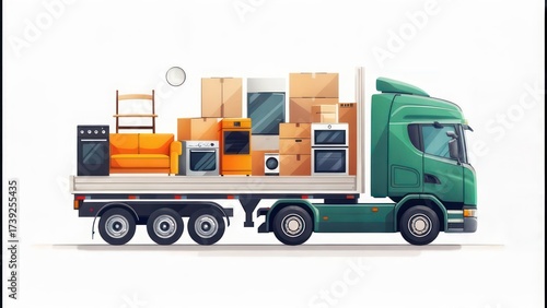 A fully loaded green truck with furniture and boxes ready for transport, side view