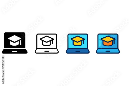 E-Learning Icon Styles. Vector icon laptop e-learning same pose same proportions four styles black solid glyph outline minimal flat multicolor filled cartoon