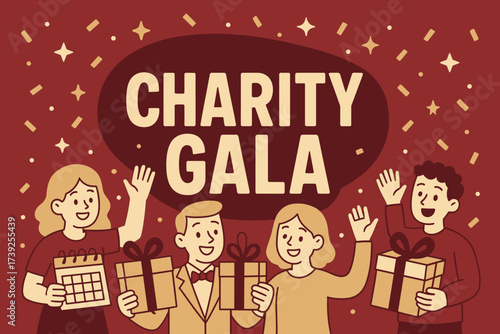Charity Gala Celebration. Charity Gala banner, flat vector illustration, bold oversized text inside rounded blob, cartoon characters waving with gift boxes and
