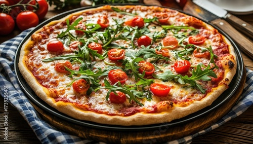 Pizza with arugula and tomatoes on wood