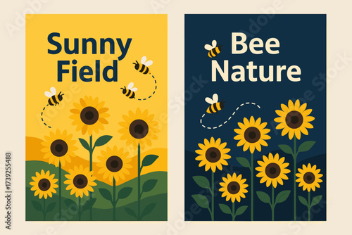 Sunflower Hills Banners. Two vertical A6 banners, flat vector design, yellow and navy backgrounds, sunflower hills with bees flying, summer scene, first banner