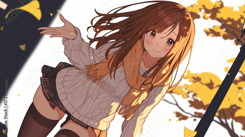 秋の公園で微笑む女子高生イラスト　セーターとマフラーの暖かい秋ファッション
