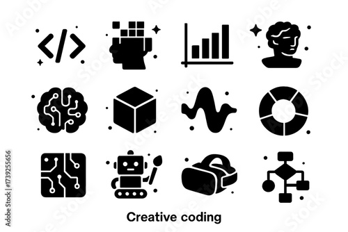 Digital Coding Icons. Creative coding. Solid icons set of code brackets, pixel art, data visualization, digital sculpture, AI brain, 3D cube, abstract wave,