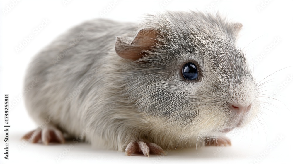 Fototapeta premium Cute gray guinea pig exploring a bright white space indoors during a playful moment