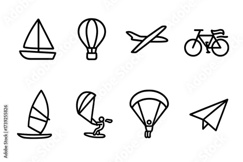 Breeze and Emotions Icons. Outline icon set of gentle breeze transportation: sailboat, hot air balloon, glider plane, bicycle with scarf, windsurf board, kite