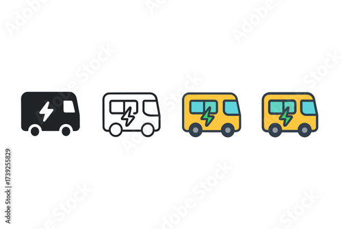 Electric Bus Icons. Vector icon bus electric same pose same proportions four styles black solid glyph outline minimal flat multicolor filled cartoon flat