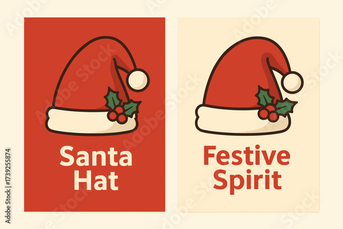 Santa Hat Banners. Two vertical A6 banners, flat vector design, red and cream backgrounds, santa hat with holly, christmas accessory, first banner with text