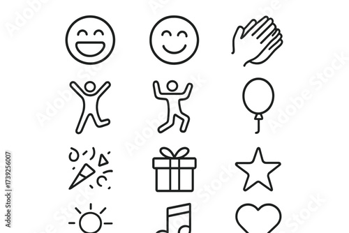 Joyful Icon Set. Joy. Line icon set of joy: laughing face, smiling face, clapping hands, jumping person, dancing person, balloon, confetti, gift, star,